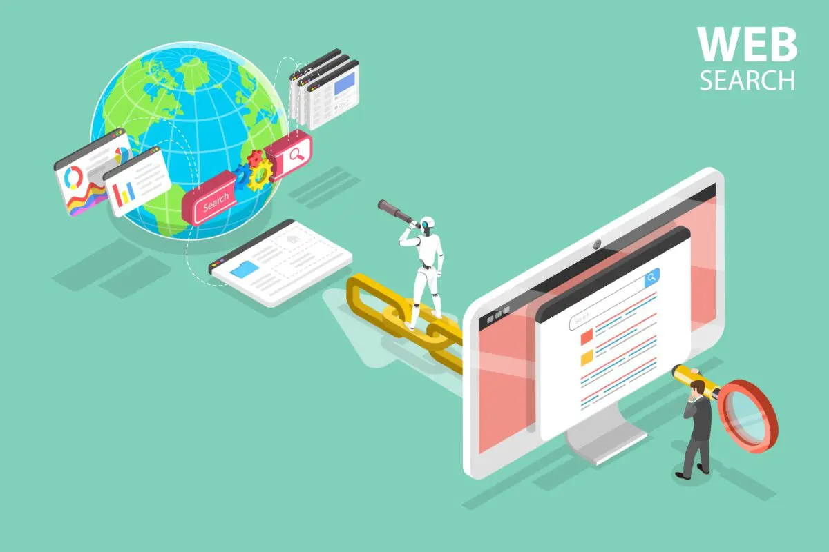 An isometric illustration shows a robot and a businessman using tools to search for data across a global web network.