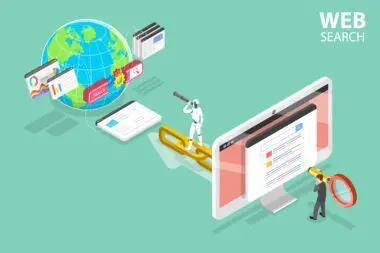An isometric illustration shows a robot and a businessman using tools to search for data across a global web network.