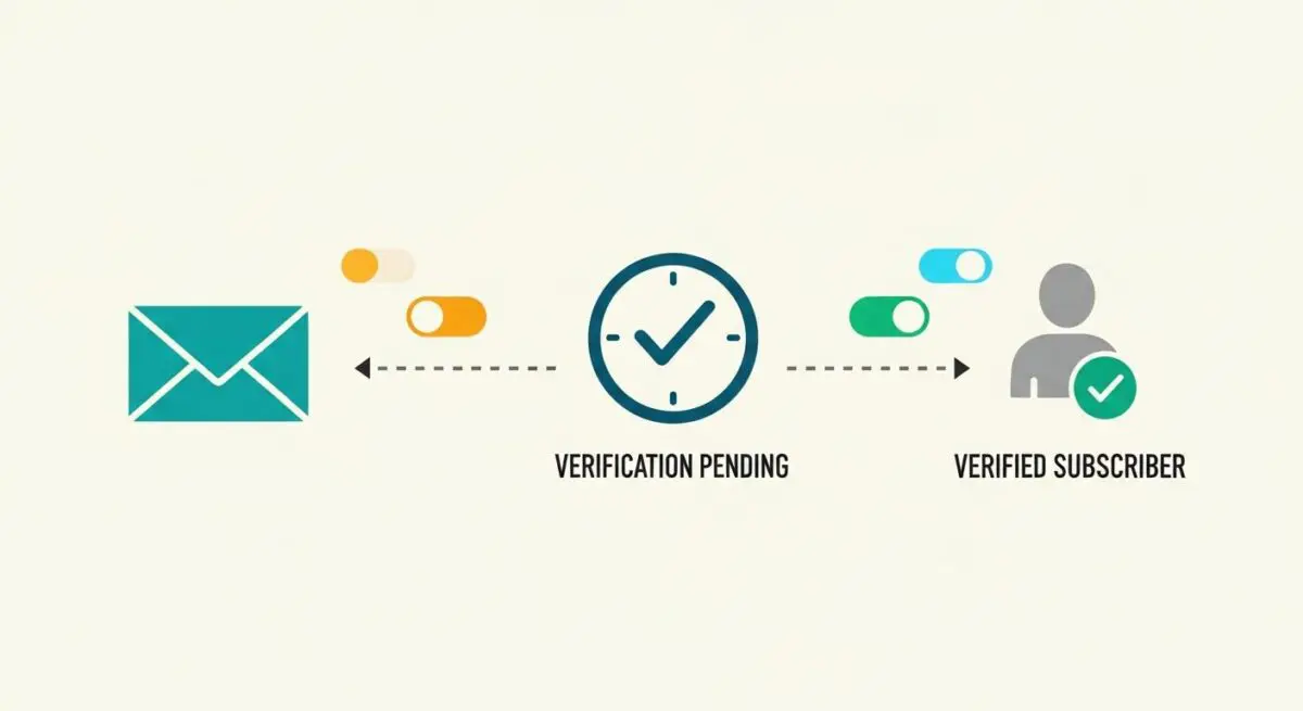 Illustration showing a teal envelope, a clock with a checkmark, and a user icon with a checkmark, representing the Double Opt-In process.