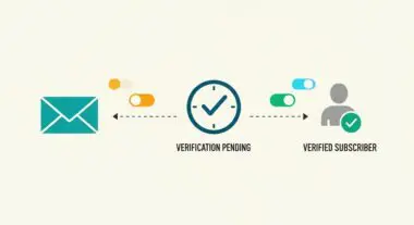 Illustration showing a teal envelope, a clock with a checkmark, and a user icon with a checkmark, representing the Double Opt-In process.