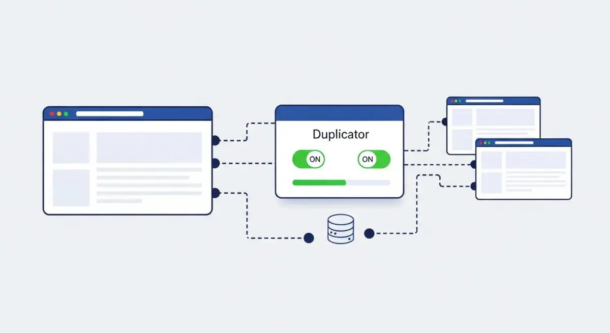 Illustration of the Duplicator plugin creating copies of websites, showing connections to databases and multiple browser windows.