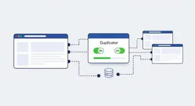 Illustration of the Duplicator plugin creating copies of websites, showing connections to databases and multiple browser windows.