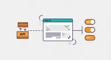 Diagram showing an API connected to a webpage interface with on/off toggles for dynamic content.