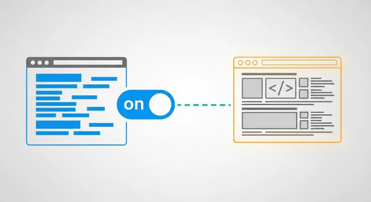 A toggle switch labeled 'on' connects two browser windows, illustrating dynamic rendering of web content. By Andres SEO Expert.
