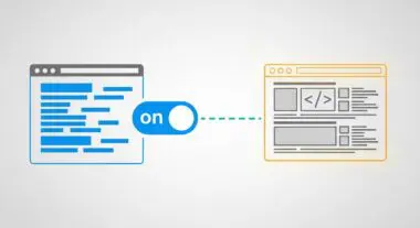 A toggle switch labeled 'on' connects two browser windows, illustrating dynamic rendering of web content. By Andres SEO Expert.