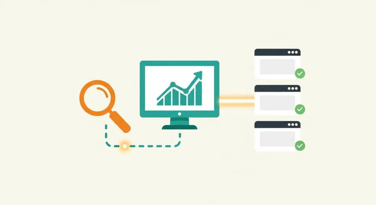 Magnifying glass and computer displaying growth graph connected to multiple web pages indicating Dynatrace analysis.