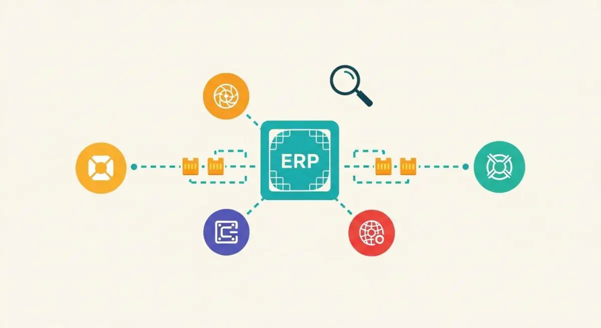 Diagram illustrating ERP integration with various connected system icons and a magnifying glass for analysis.