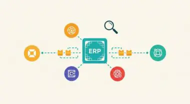 Diagram illustrating ERP integration with various connected system icons and a magnifying glass for analysis.