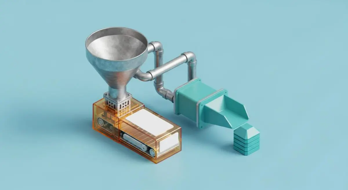 Conceptualization of an ETL process, showing material flowing from a hopper through a processing unit.