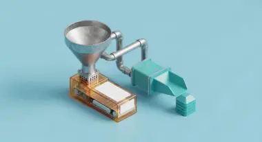 Conceptualization of an ETL process, showing material flowing from a hopper through a processing unit.
