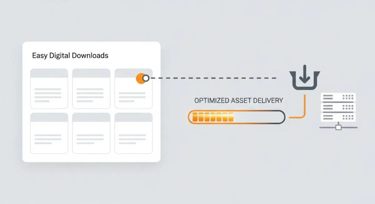 Illustration showing a grid of items for Easy Digital Downloads leading to optimized asset delivery and server upload.