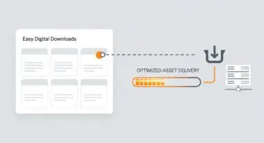 Illustration showing a grid of items for Easy Digital Downloads leading to optimized asset delivery and server upload.
