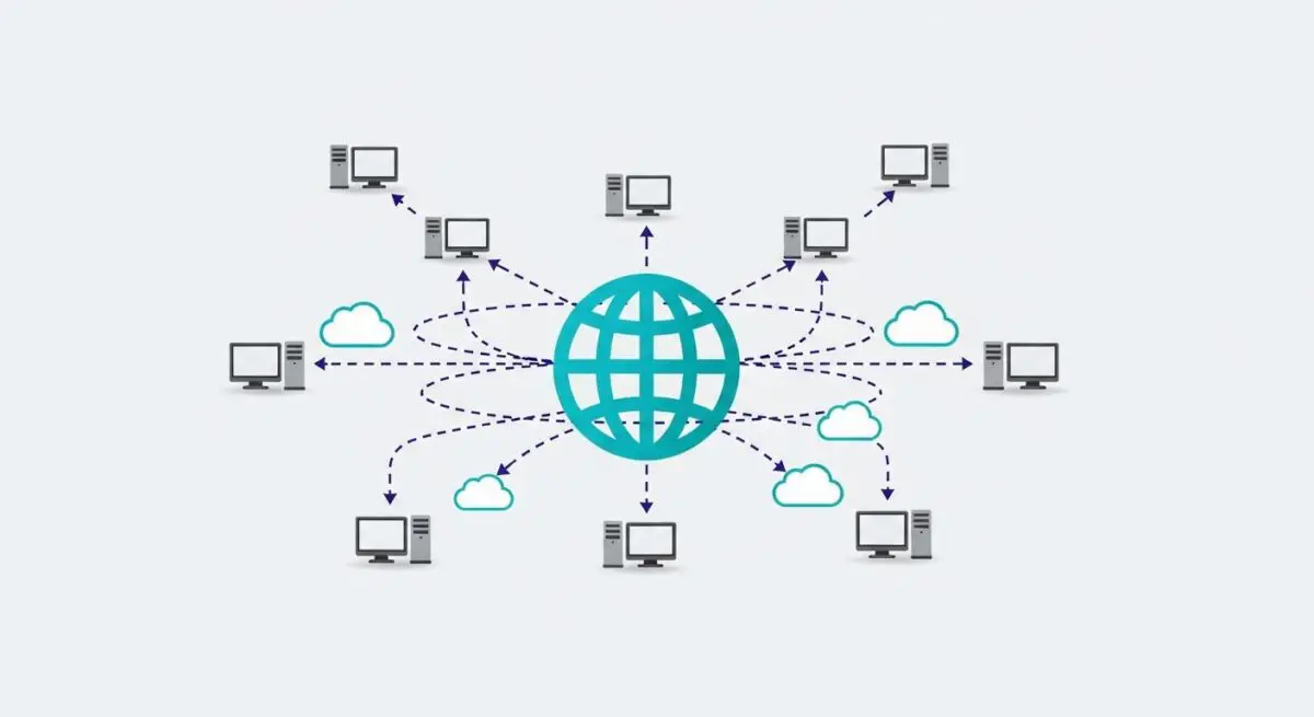 Diagram showing multiple computers connected to a central globe, illustrating Edge Caching distribution.