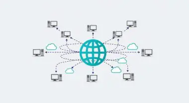 Diagram showing multiple computers connected to a central globe, illustrating Edge Caching distribution.