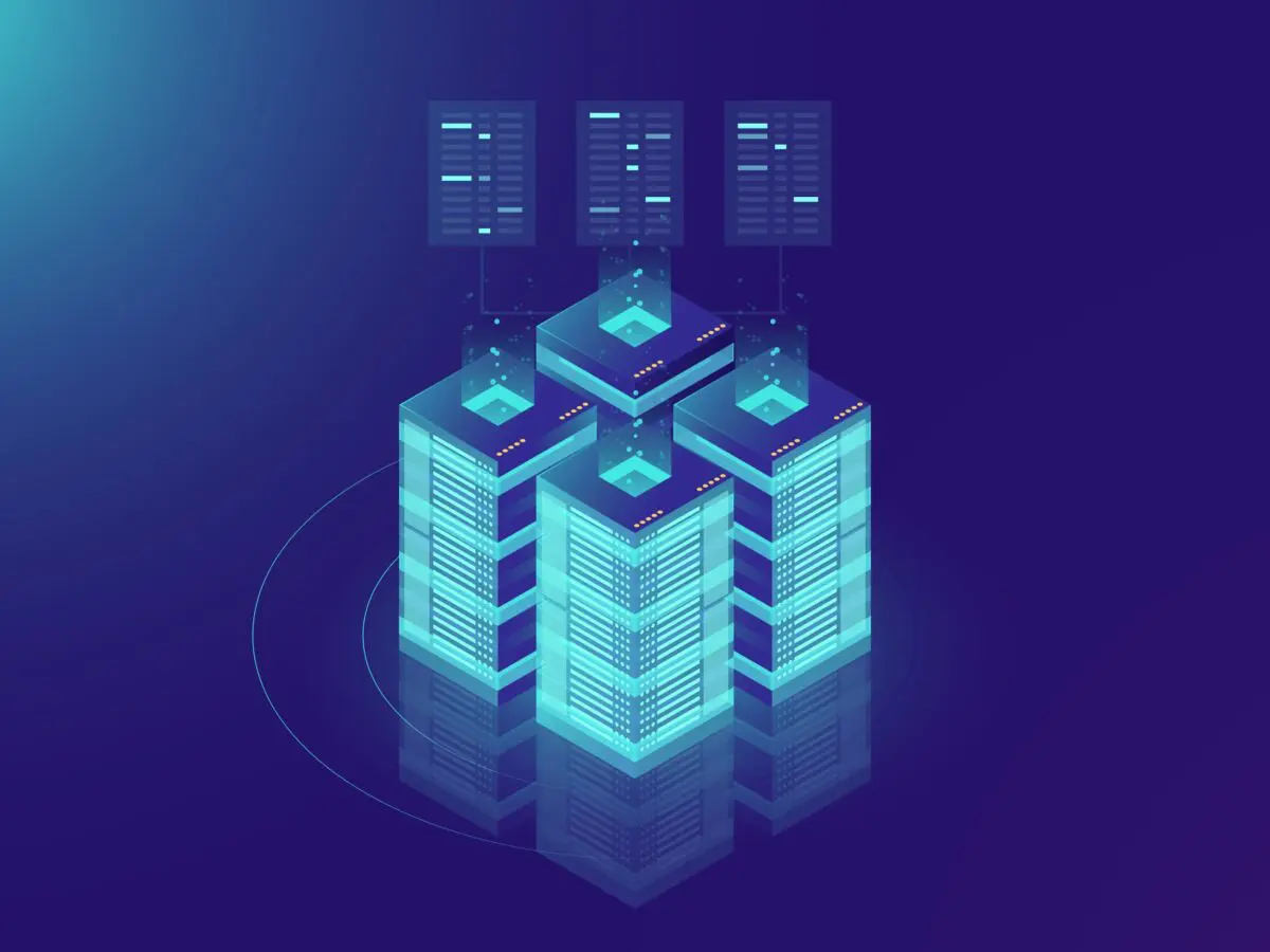 A glowing isometric server cluster processes data streams in a high-tech digital environment.
