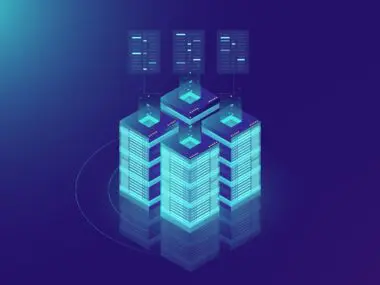 A glowing isometric server cluster processes data streams in a high-tech digital environment.