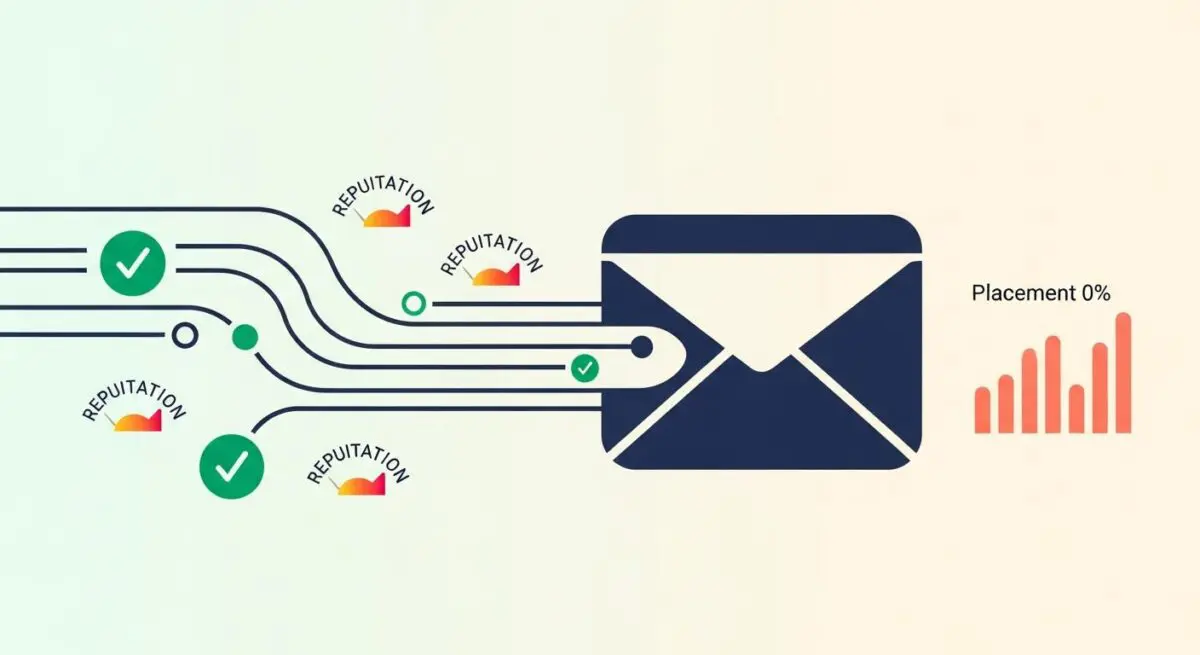 Infographic illustrating the impact of sender reputation on email deliverability, showing successful paths leading to an inbox.