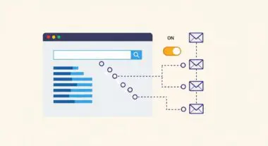Illustration of a dashboard analytics graph connected to a series of outgoing emails, symbolizing email sequencing.