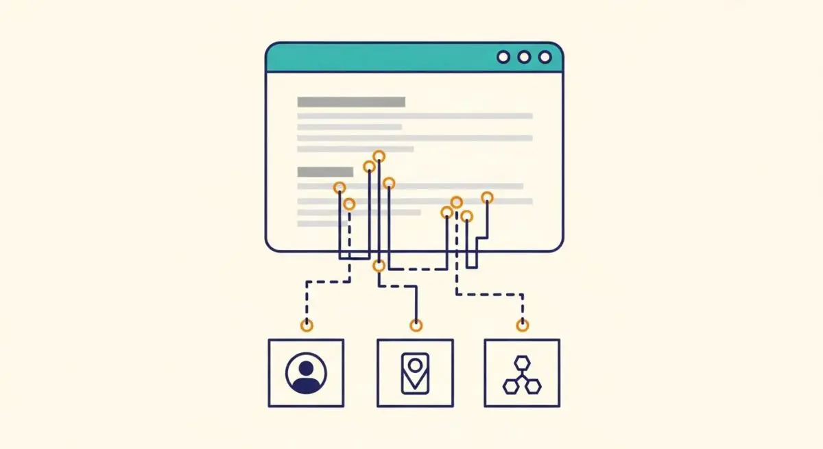 Diagram illustrating entity extraction from text, connecting identified entities to relevant icons.