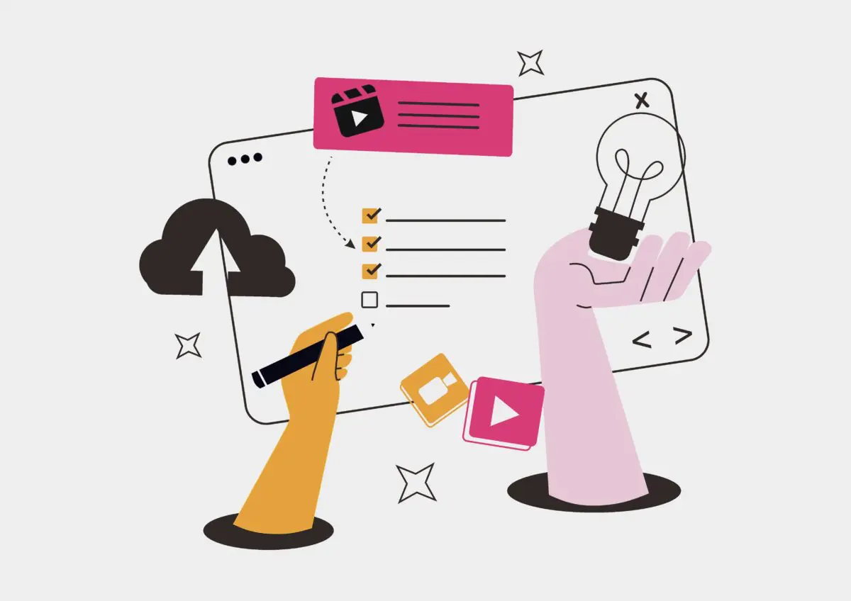 Flat illustration of hands interacting with a digital interface featuring a checklist, lightbulb, and video icons.