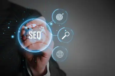 A business professional interacts with a glowing digital interface featuring SEO, target, search, and global network icons.