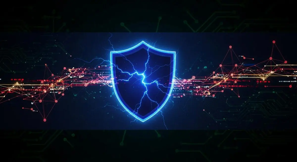A glowing blue shield with lightning effects, representing protection in cybersecurity and ethical hacking for business.