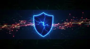 A glowing blue shield with lightning effects, representing protection in cybersecurity and ethical hacking for business.