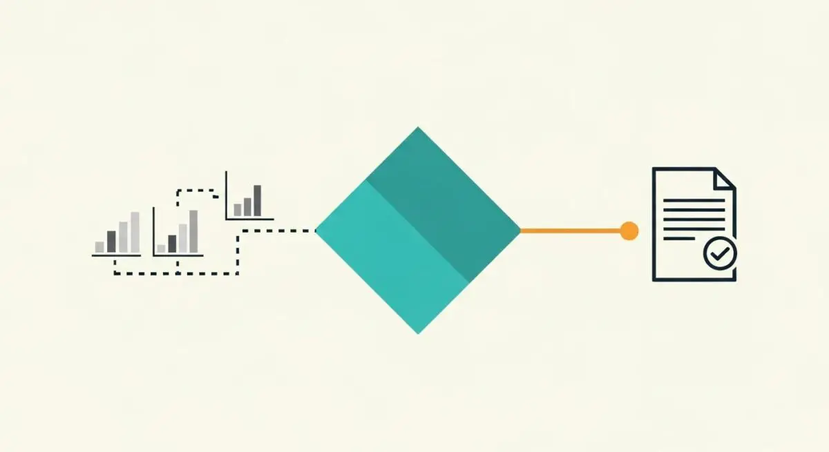 Schematic showing data points flowing into a central processing element and outputting as a verified document, representing evaluation frameworks.