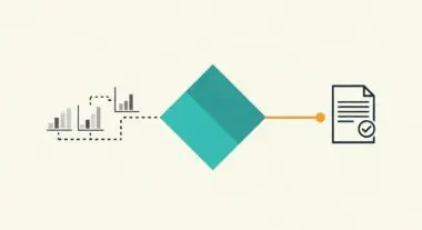 Schematic showing data points flowing into a central processing element and outputting as a verified document, representing evaluation frameworks.