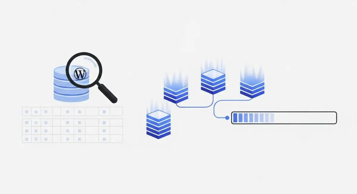 Magnifying glass over database stacks indicating search and filtering with FacetWP.