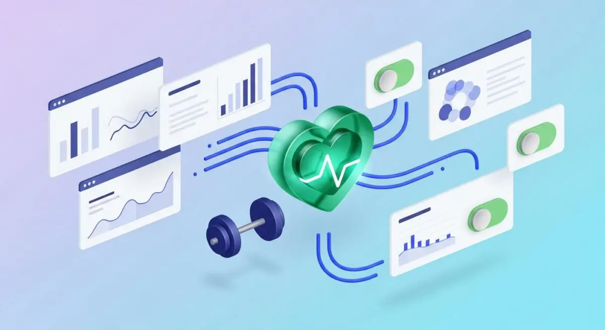 Heartbeat graphic within a green heart, surrounded by charts and toggle switches, representing the ultimate Fin-tech stack for a health nut.