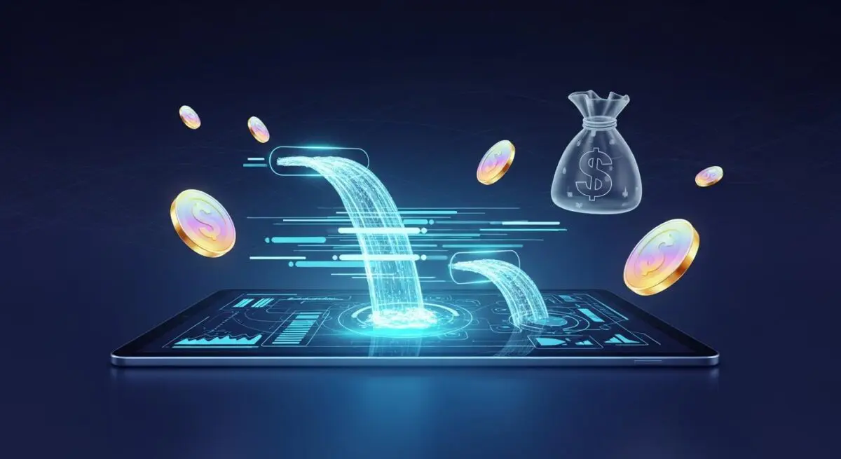 Digital streams of currency flow into a tablet, forming the ultimate Fin-tech stack for a swimmer.