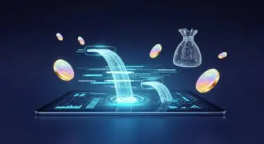 Digital streams of currency flow into a tablet, forming the ultimate Fin-tech stack for a swimmer.