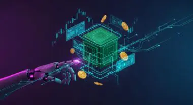 Robotic hand interacting with a glowing cube and financial charts, representing the ultimate Fin-tech stack for a tea lover.