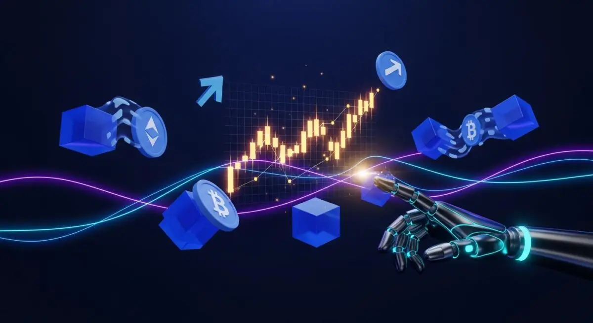 Robotic hand interacts with digital assets and charts, showing the best FinTech tools for freelance software developers.
