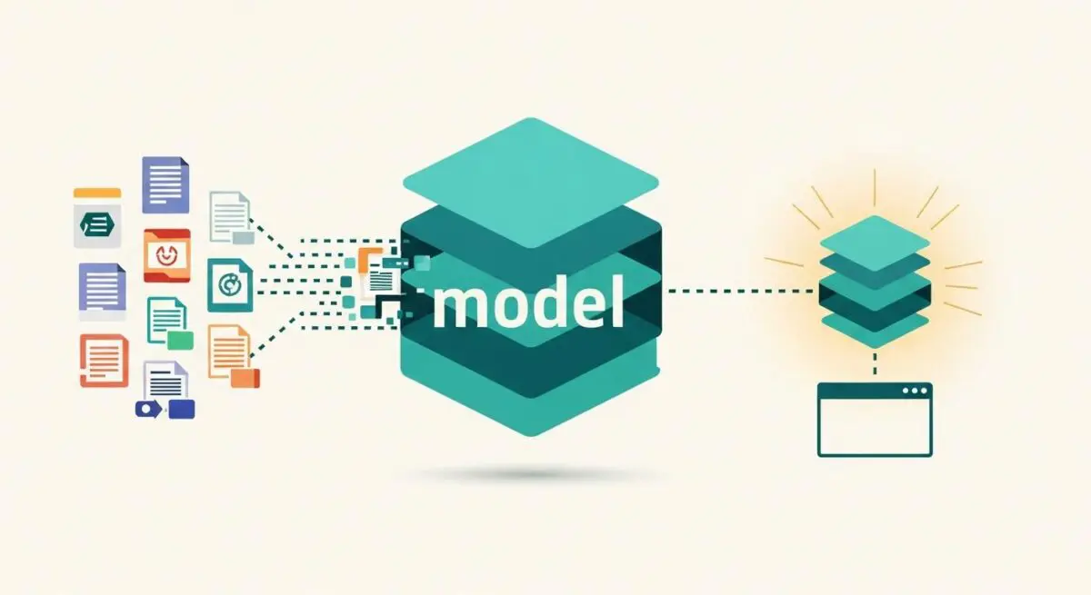 Data icons feeding into a stacked 'model' layer, indicating fine-tuning processes.