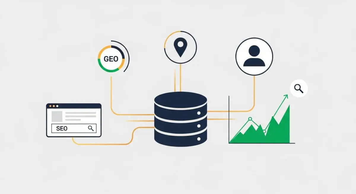 Illustration showing data inputs like GEO, location, and user profiles feeding into a database for First-Party Data analysis.