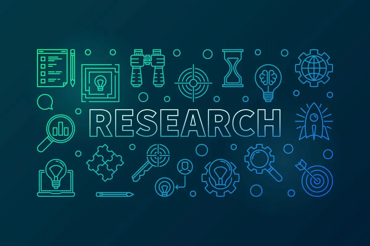 A collection of blue and green line art icons surrounds the word RESEARCH on a dark gradient background.