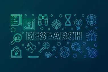 A collection of blue and green line art icons surrounds the word RESEARCH on a dark gradient background.