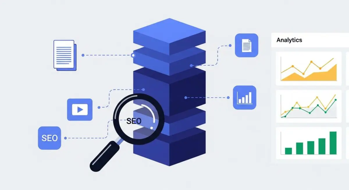 Magnifying glass over stacked blocks labeled SEO, connecting to analytics charts, representing flagship content strategy.