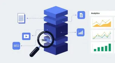 Magnifying glass over stacked blocks labeled SEO, connecting to analytics charts, representing flagship content strategy.