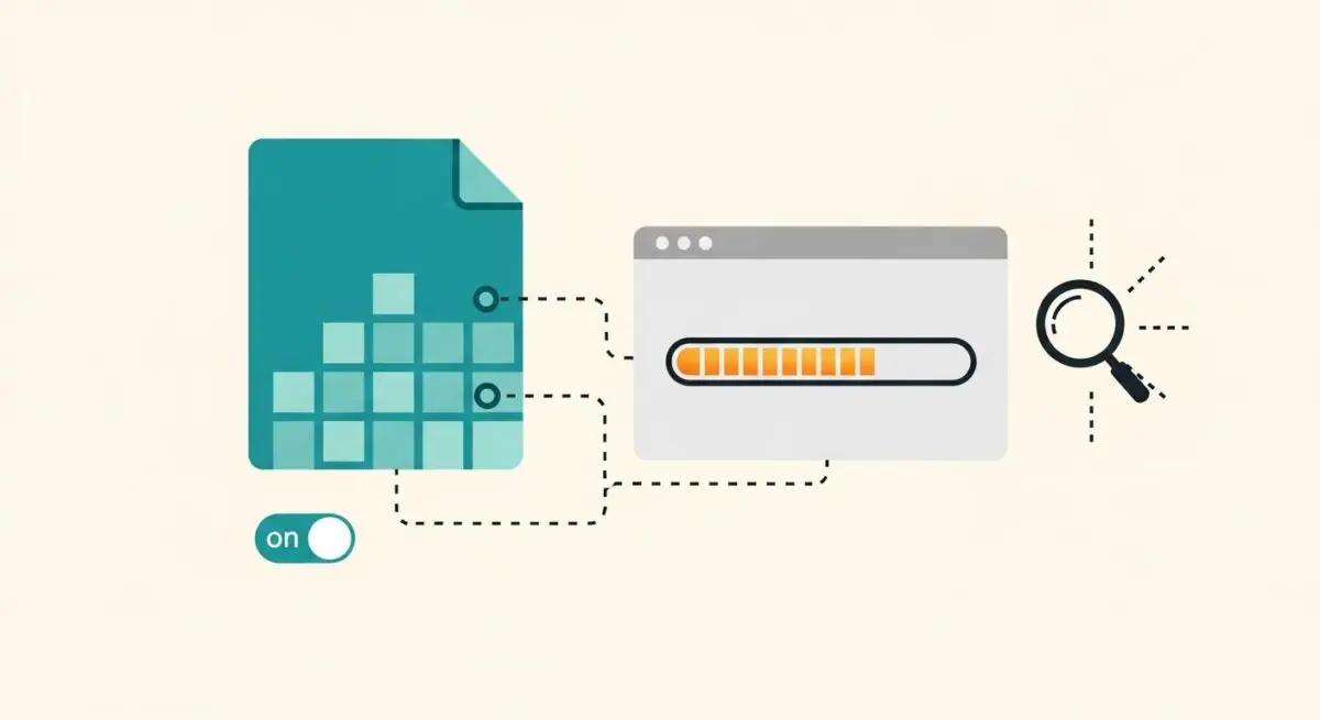Illustration showing a progress bar and a document with an 'on' toggle, representing Font Subsetting optimization.