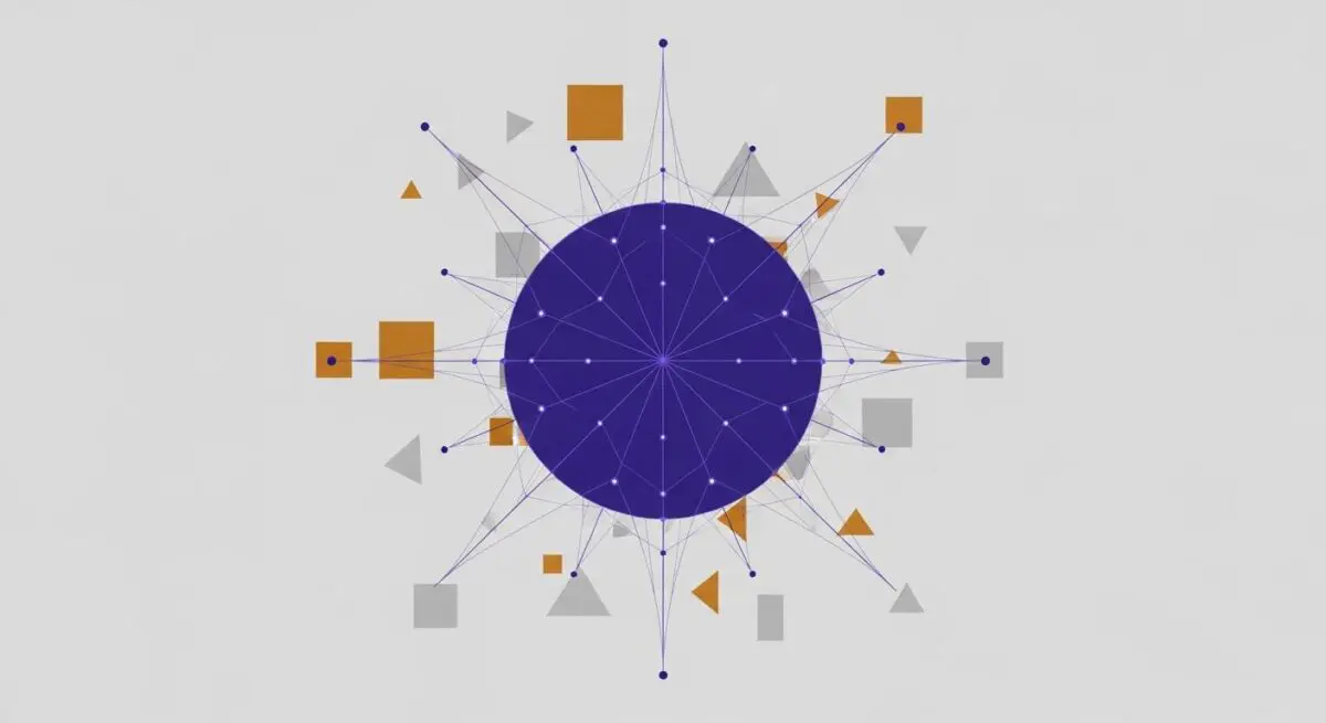 Abstract visualization of a large blue circle with radiating lines connecting to smaller geometric shapes, representing a Foundation Model.