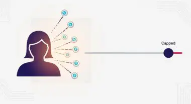 Conceptual graphic illustrating Frequency Capping with a person silhouette receiving multiple currency icons, reaching a limit.