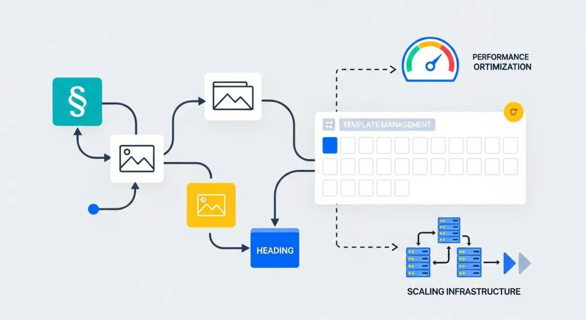 Diagram showing elements feeding into template management for Full Site Editing, impacting performance and infrastructure.