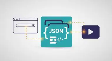 Diagram showing a browser search bar connecting to a JSON code block, which then connects to a play button icon, illustrating Function Calling.