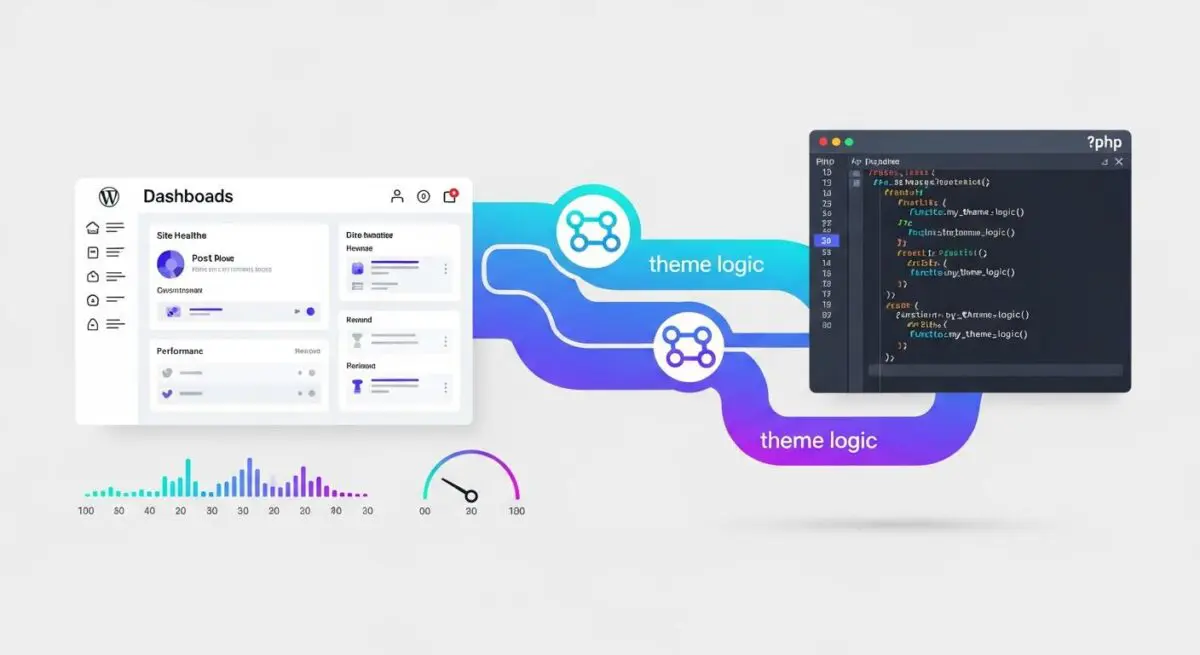 Conceptual illustration of WordPress theme logic, showing dashboard elements and PHP code, highlighting functions.php's role.