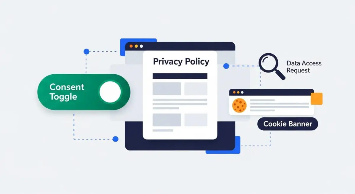 Illustration depicting GDPR compliance elements like a consent toggle, privacy policy, cookie banner, and data access request.