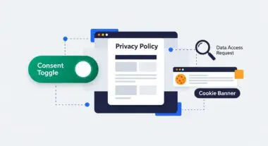 Illustration depicting GDPR compliance elements like a consent toggle, privacy policy, cookie banner, and data access request.