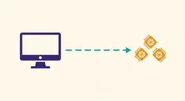 Desktop computer icon sending data to three GPU chips, illustrating GPU acceleration.